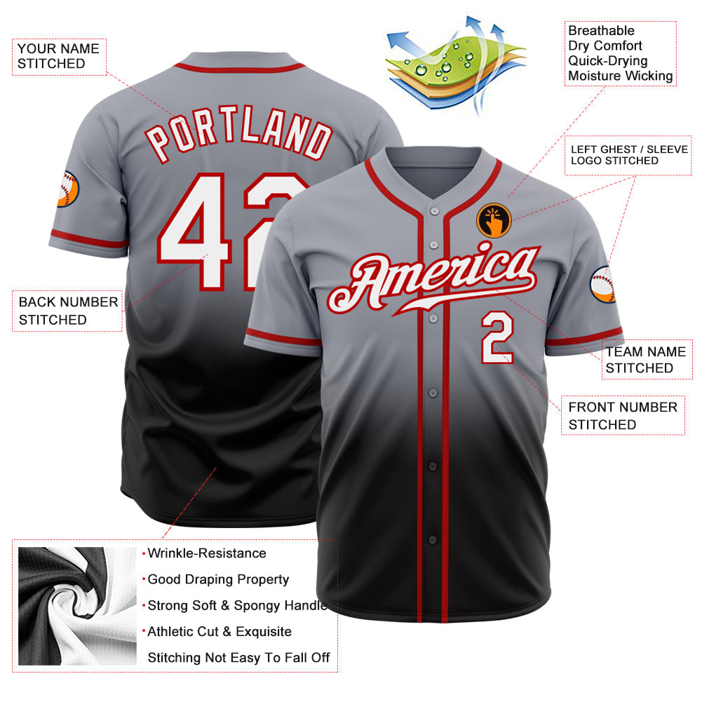 Custom Gray White Black-Red Authentic Fade Fashion Baseball Jersey view 2