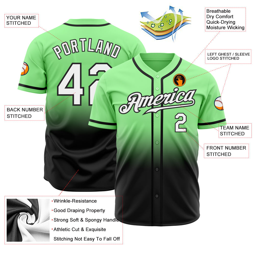 Custom Pea Green White-Black Authentic Fade Fashion Baseball Jersey view 2