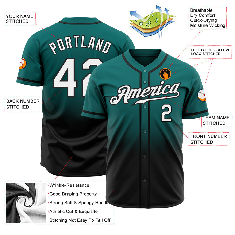 Custom Teal White-Black Authentic Fade Fashion Baseball Jersey view 2