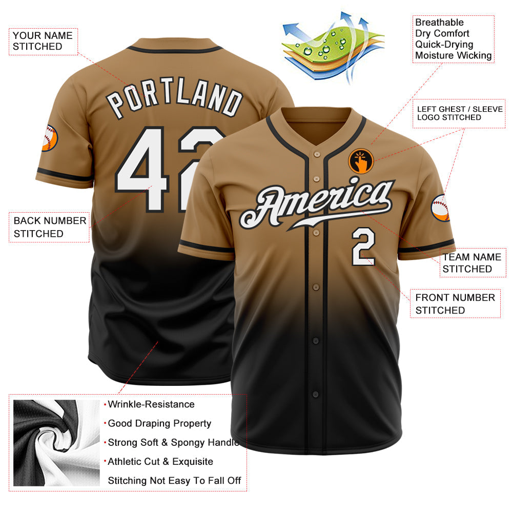 Custom Old Gold White-Black Authentic Fade Fashion Baseball Jersey view 2