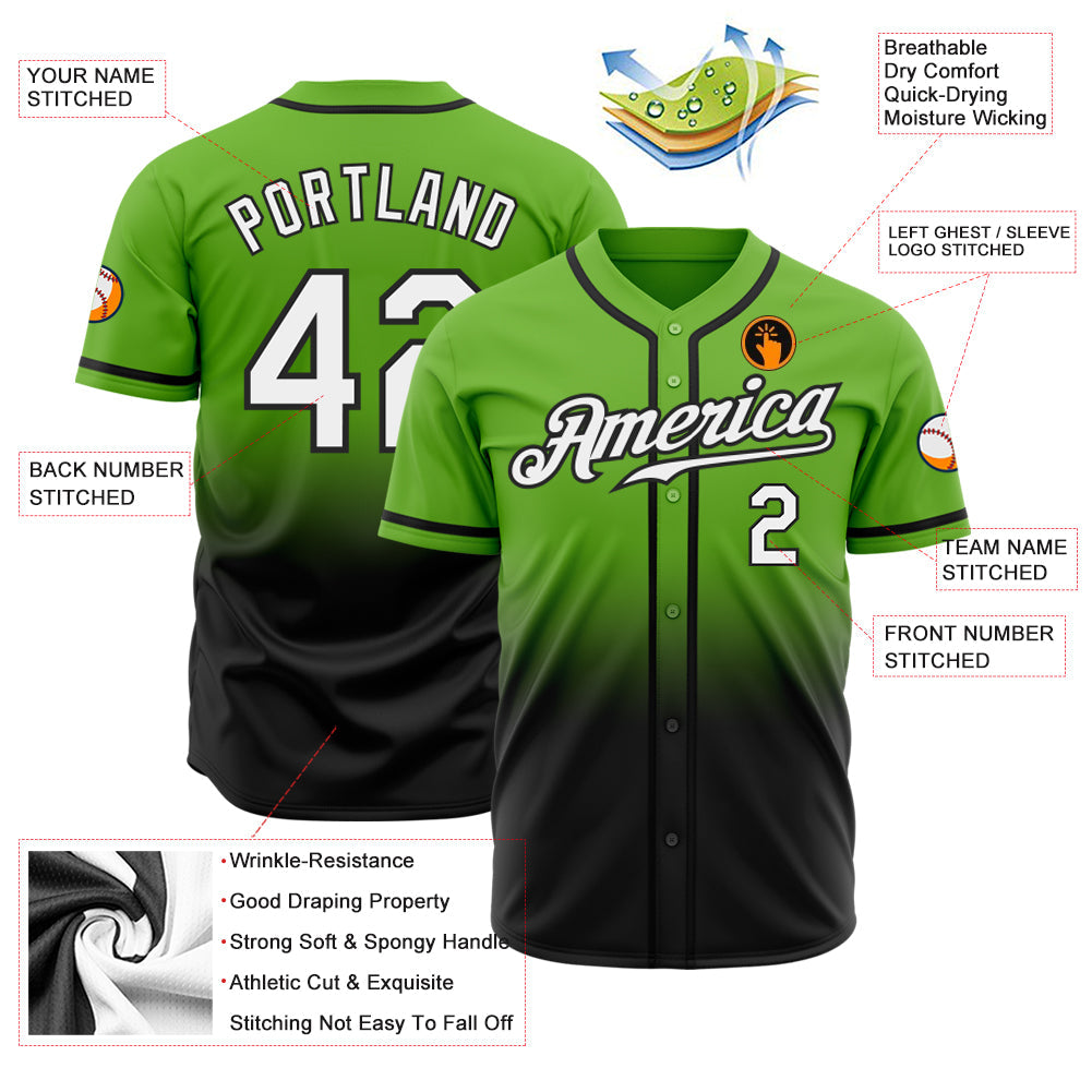 Custom Neon Green White-Black Authentic Fade Fashion Baseball Jersey view 3