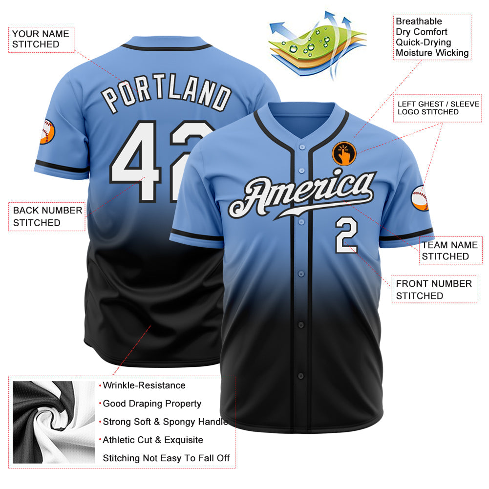 Custom Light Blue White-Black Authentic Fade Fashion Baseball Jersey view 2