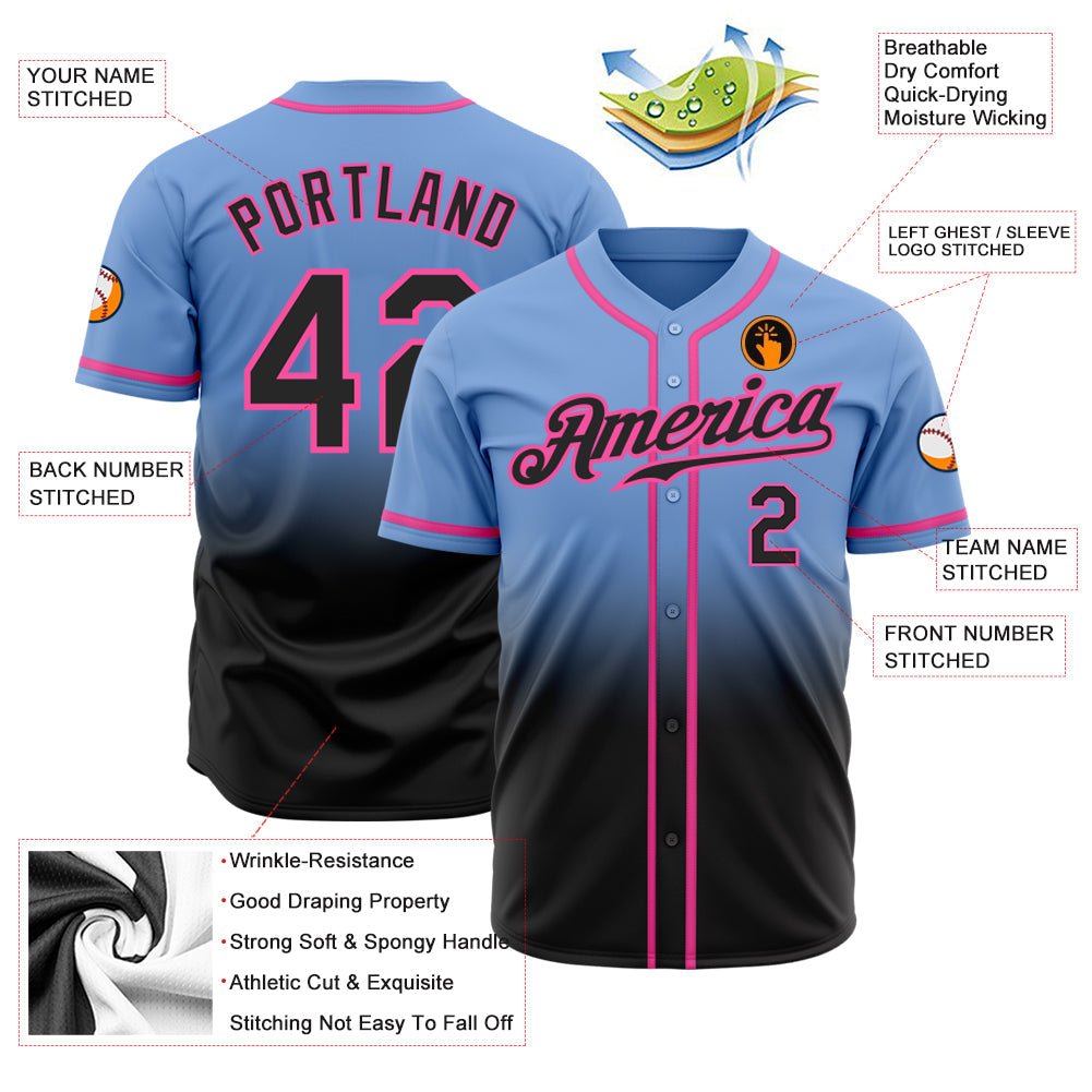 Custom Light Blue Black-Pink Authentic Fade Fashion Baseball Jersey view 2