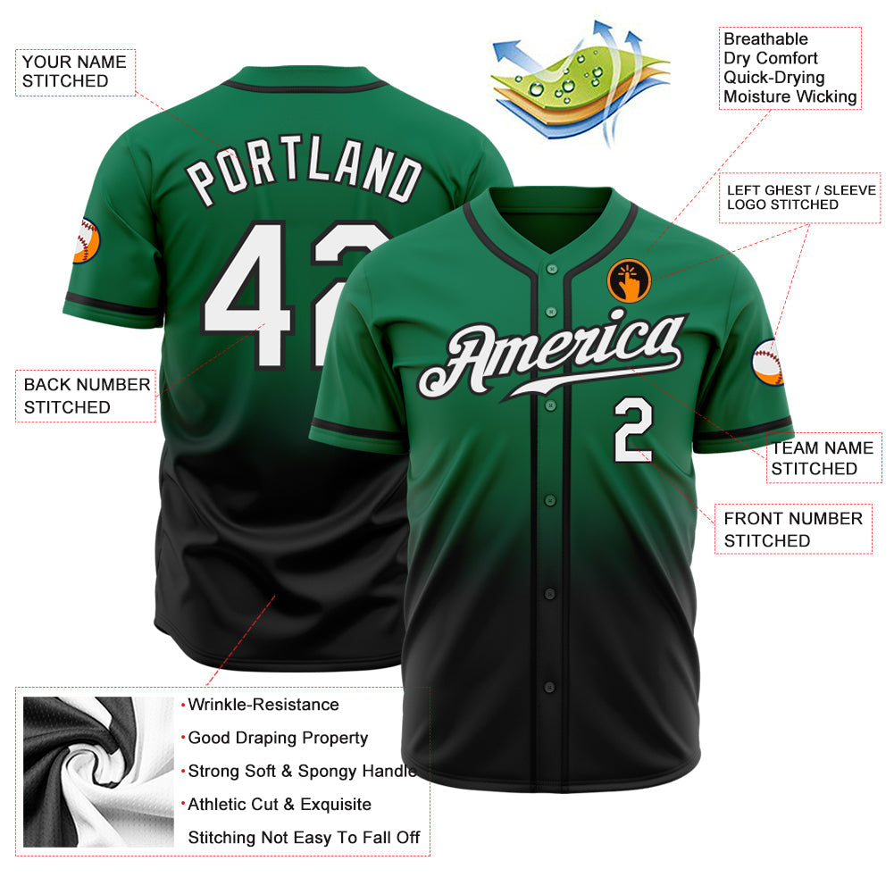 Custom Kelly Green White-Black Authentic Fade Fashion Baseball Jersey view 3