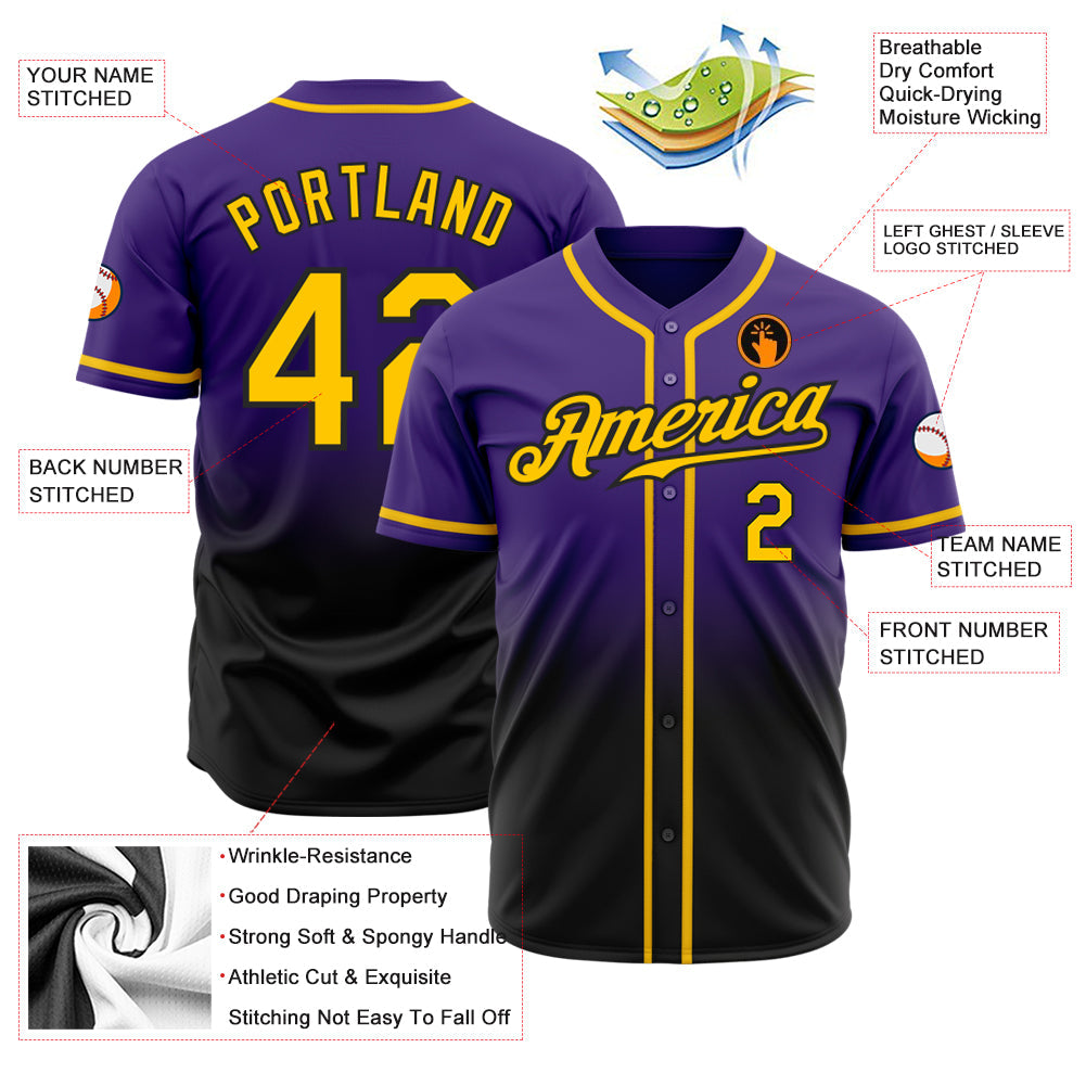 Custom Purple Gold-Black Authentic Fade Fashion Baseball Jersey view 2