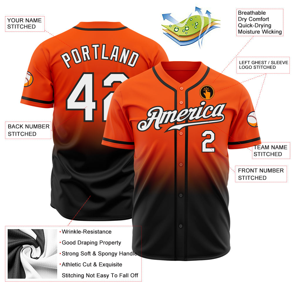 Custom Orange White-Black Authentic Fade Fashion Baseball Jersey view 2