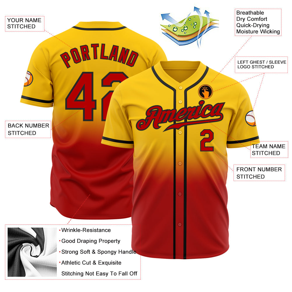 Custom Yellow Red-Black Authentic Fade Fashion Baseball Jersey view 2