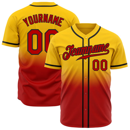 Custom Yellow Red-Black Authentic Fade Fashion Baseball Jersey - Main View
