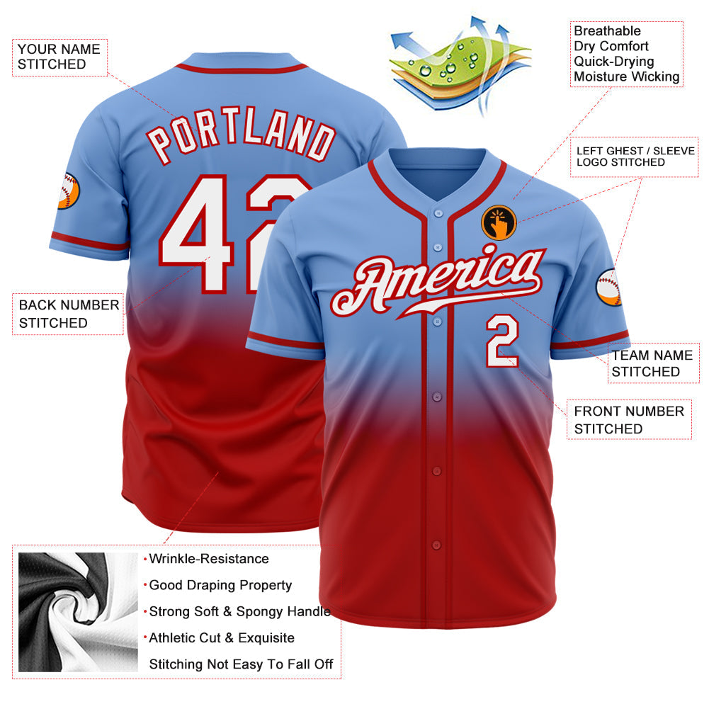 Custom Light Blue White-Red Authentic Fade Fashion Baseball Jersey view 2