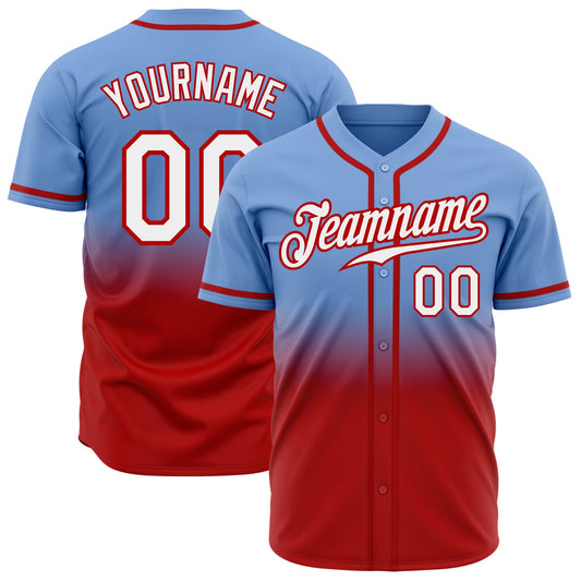 Custom Light Blue White-Red Authentic Fade Fashion Baseball Jersey - Main View