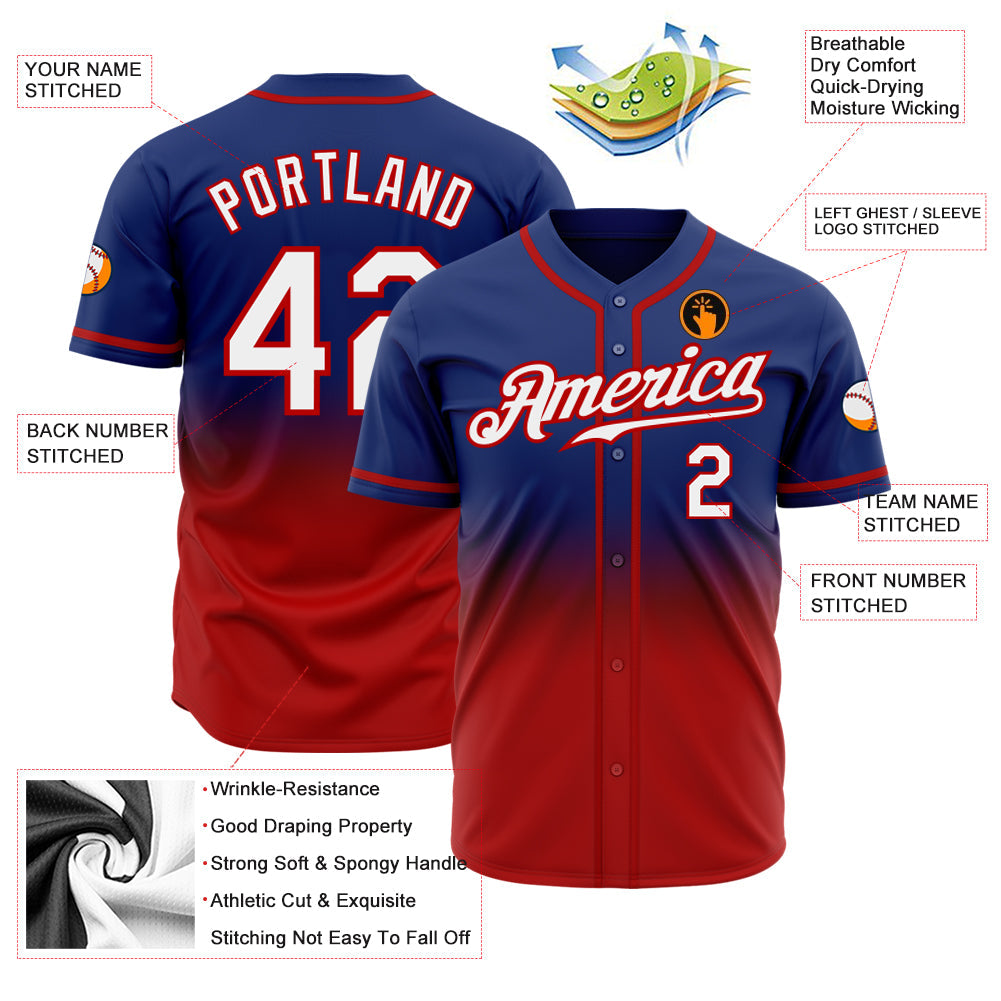 Custom Royal White-Red Authentic Fade Fashion Baseball Jersey view 2