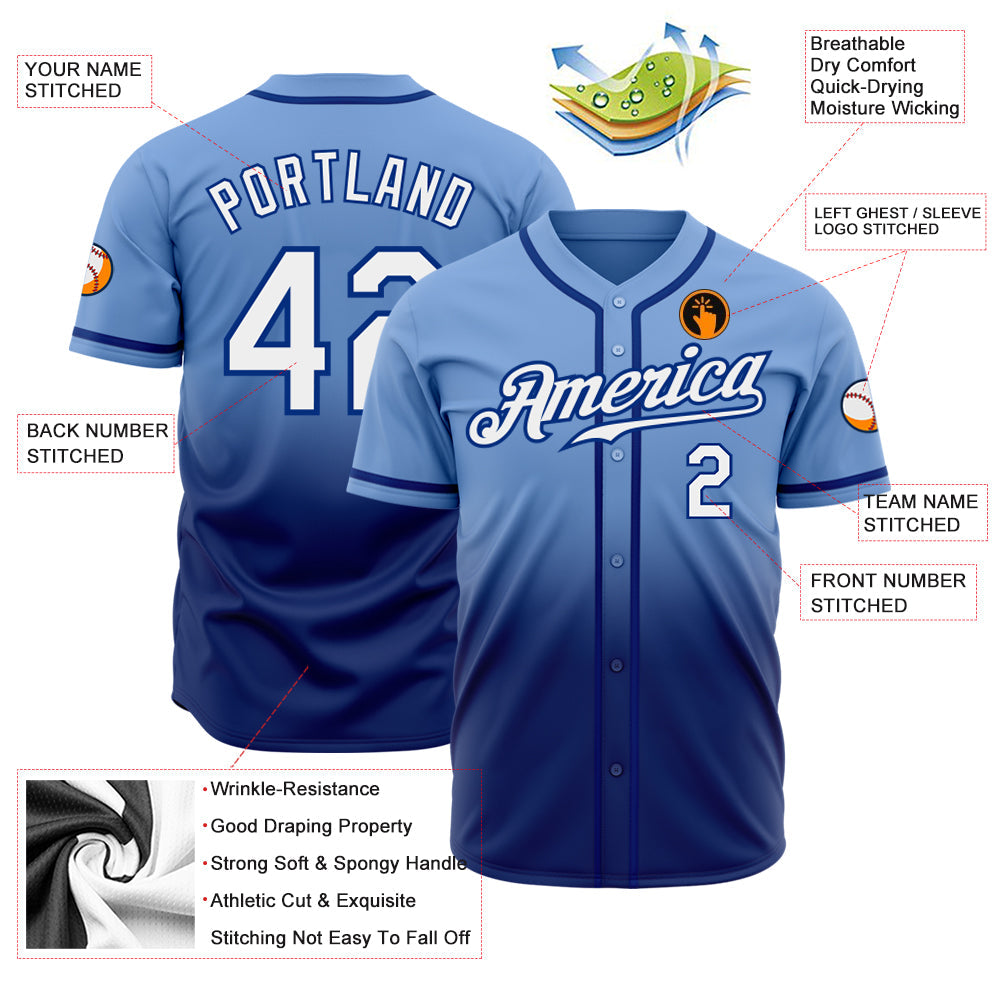 Custom Light Blue White-Royal Authentic Fade Fashion Baseball Jersey view 2
