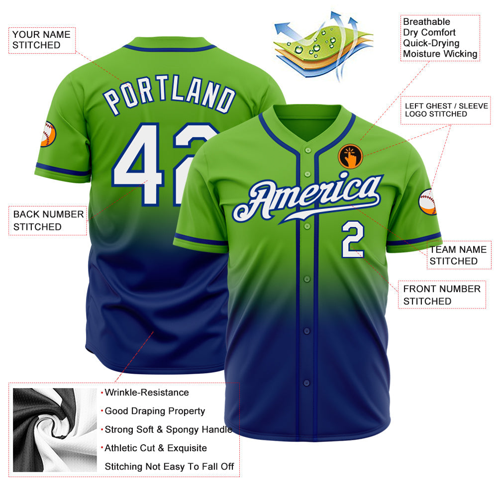 Custom Neon Green White-Royal Authentic Fade Fashion Baseball Jersey view 2