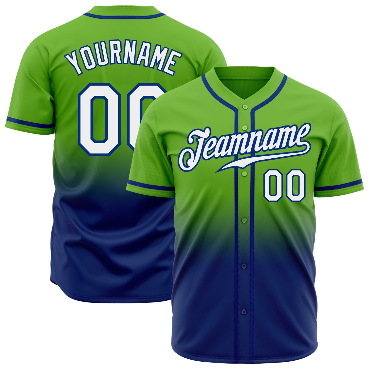 Custom Neon Green White-Royal Authentic Fade Fashion Baseball Jersey - Main View