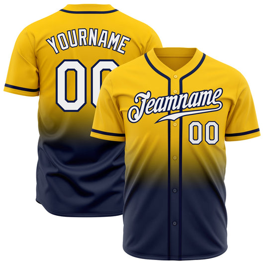 Custom Yellow White-Navy Authentic Fade Fashion Baseball Jersey - Main View