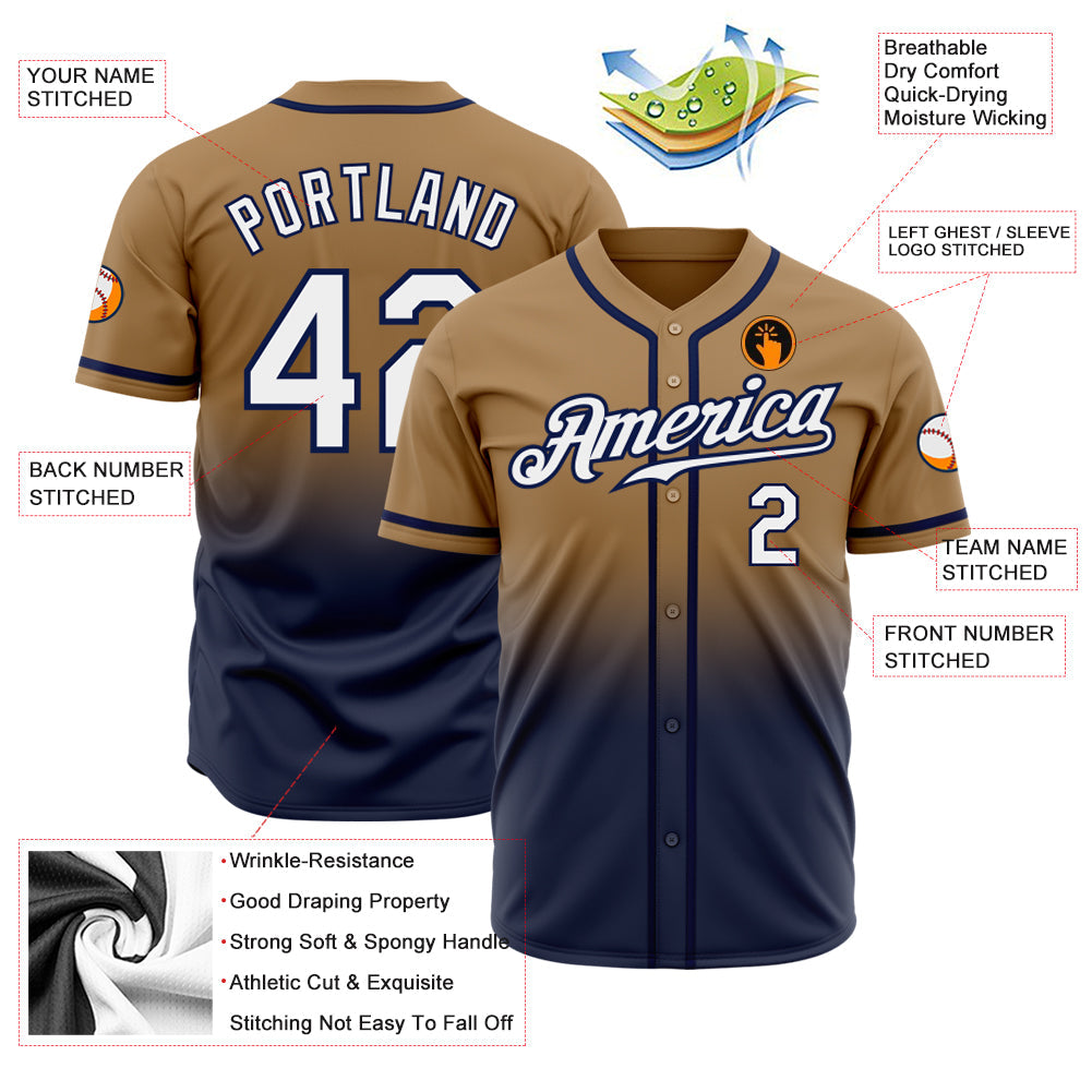 Custom Old Gold White-Navy Authentic Fade Fashion Baseball Jersey view 2