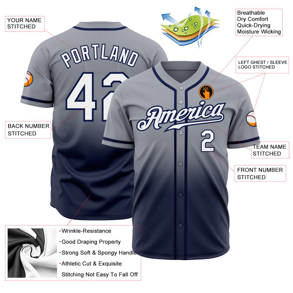 Custom Gray White-Navy Authentic Fade Fashion Baseball Jersey view 2