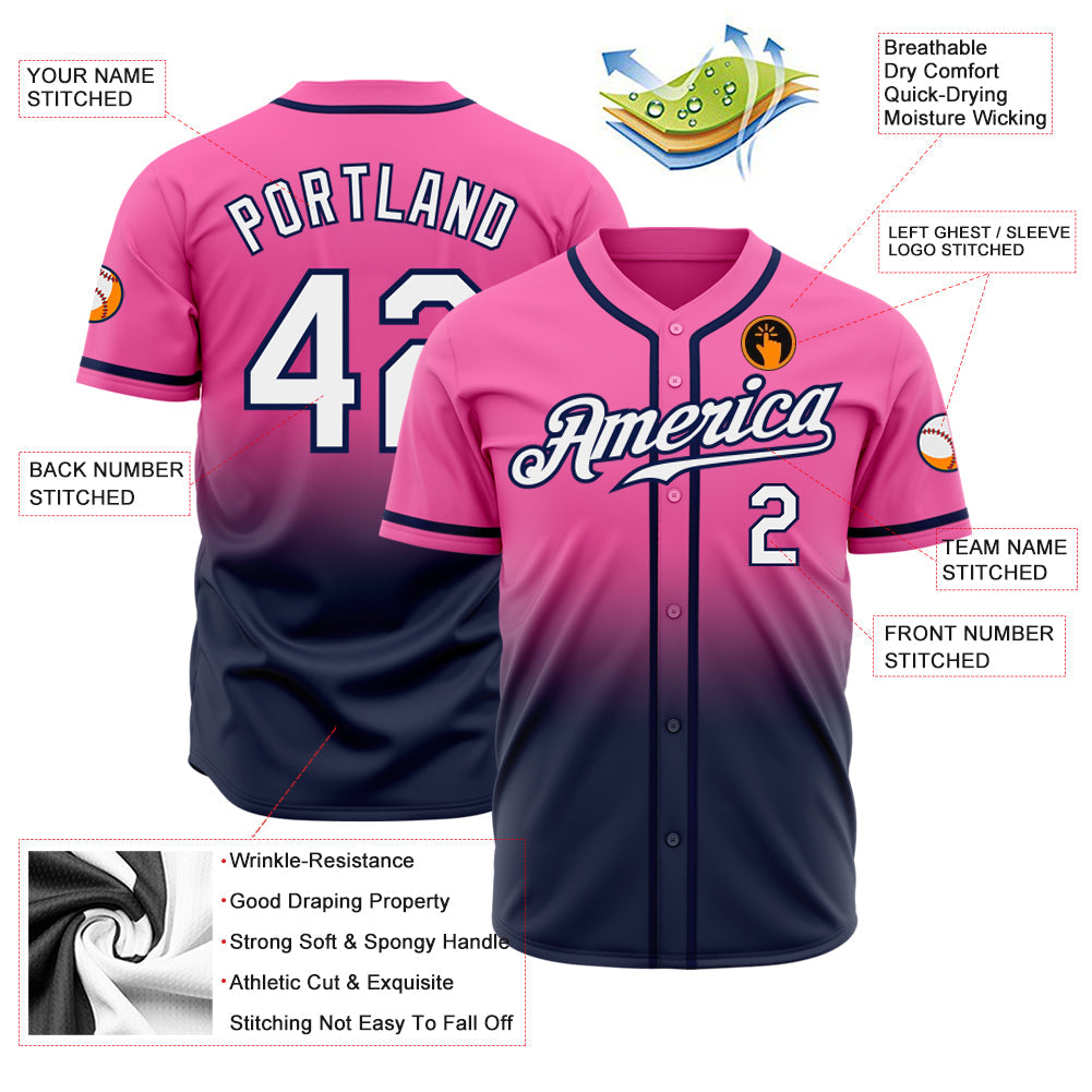 Custom Pink White-Navy Authentic Fade Fashion Baseball Jersey view 2