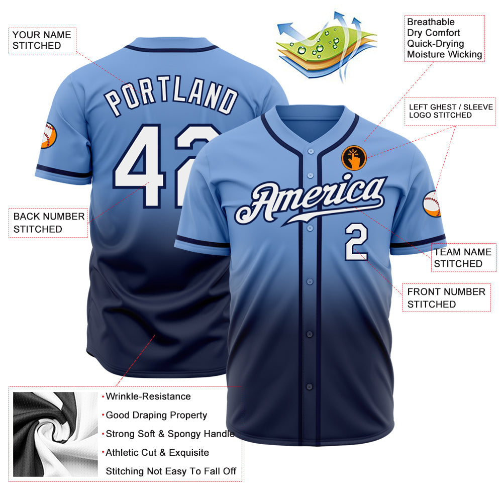 Custom Light Blue White-Navy Authentic Fade Fashion Baseball Jersey view 2