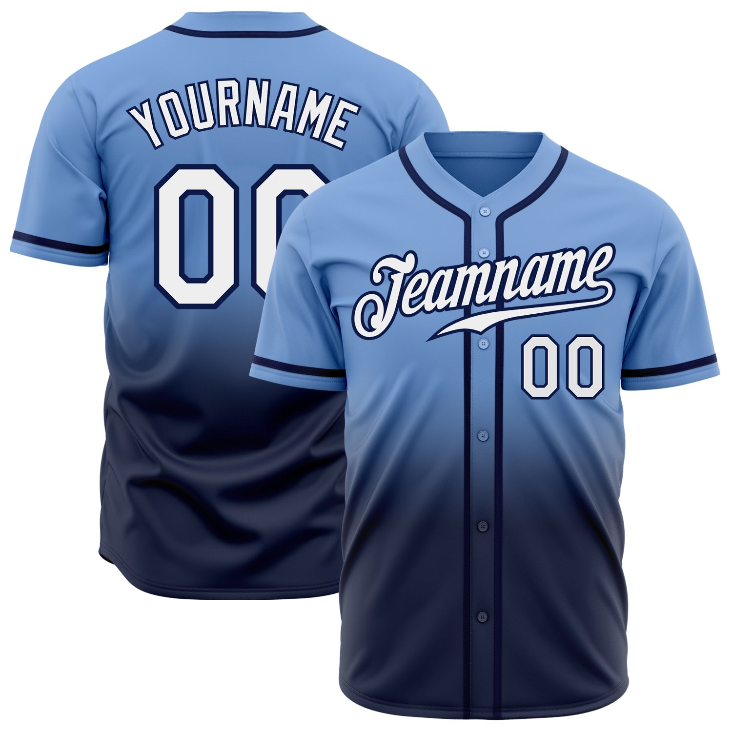 Custom Light Blue White-Navy Authentic Fade Fashion Baseball Jersey - Main View