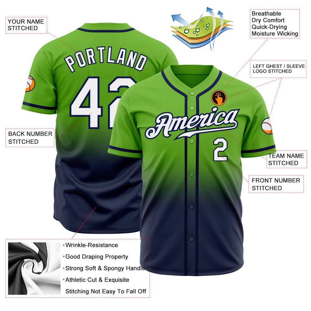 Custom Neon Green White-Navy Authentic Fade Fashion Baseball Jersey view 2