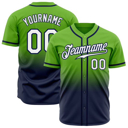 Custom Neon Green White-Navy Authentic Fade Fashion Baseball Jersey - Main View