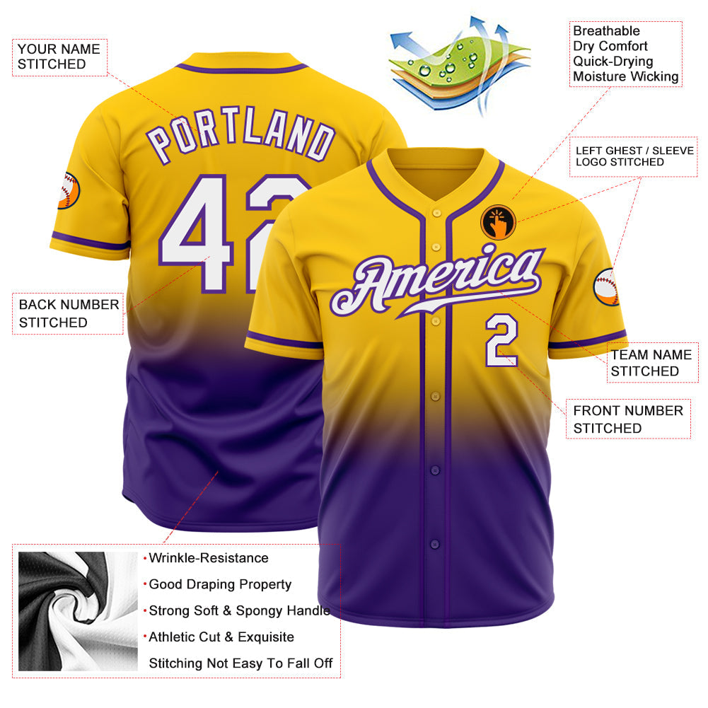 Custom Yellow White-Purple Authentic Fade Fashion Baseball Jersey view 2