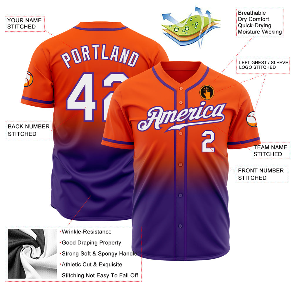 Custom Orange White-Purple Authentic Fade Fashion Baseball Jersey view 2
