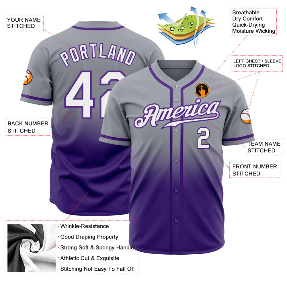 Custom Gray White-Purple Authentic Fade Fashion Baseball Jersey view 2