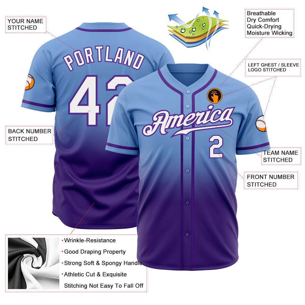 Custom Light Blue White-Purple Authentic Fade Fashion Baseball Jersey view 2