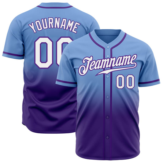 Custom Light Blue White-Purple Authentic Fade Fashion Baseball Jersey - Main View