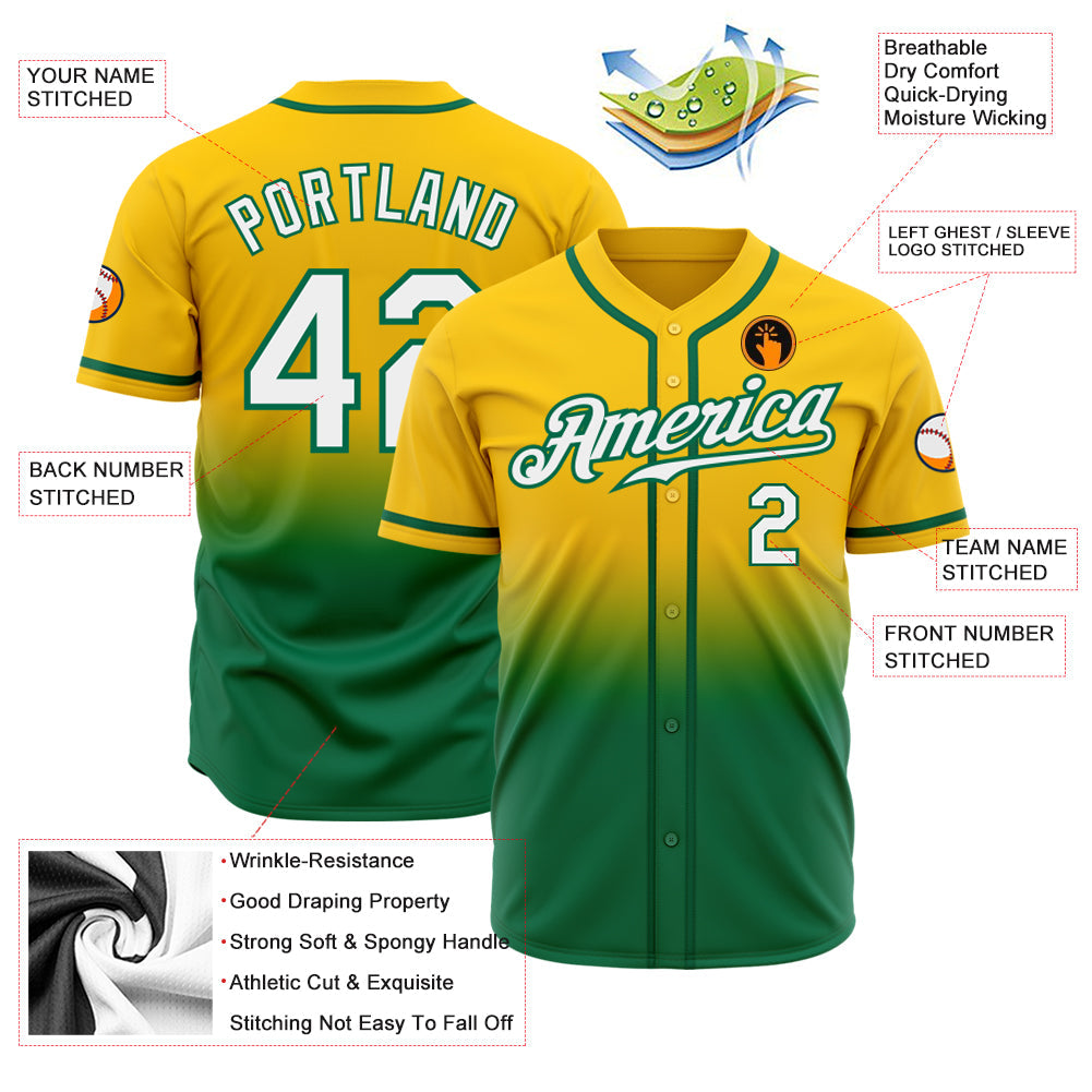 Custom Yellow White-Kelly Green Authentic Fade Fashion Baseball Jersey view 2