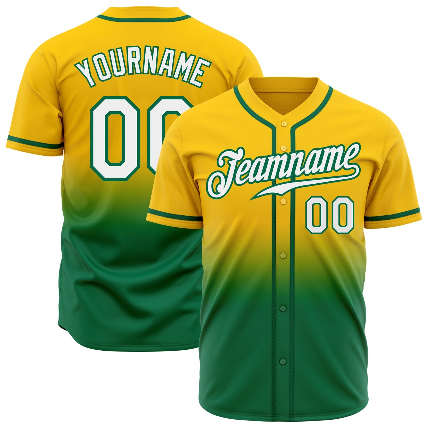Custom Yellow White-Kelly Green Authentic Fade Fashion Baseball Jersey - Main View