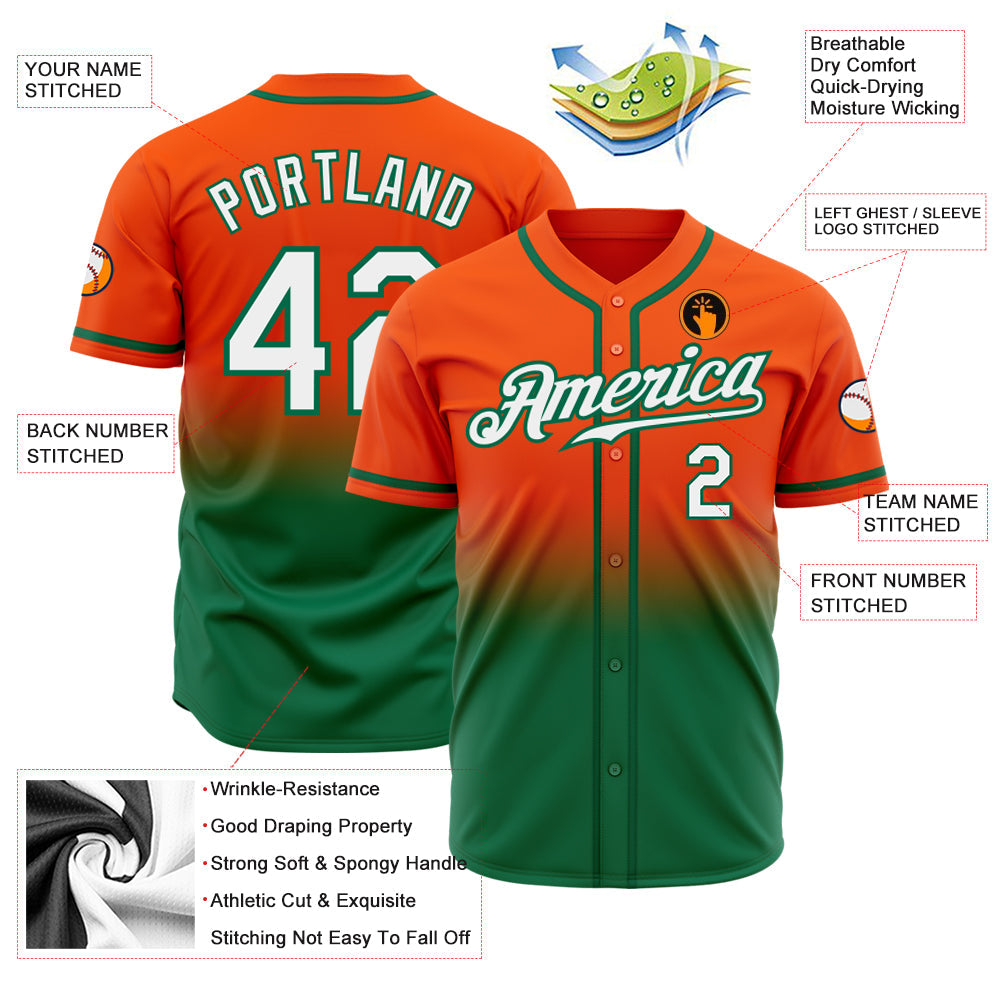 Custom Orange White-Kelly Green Authentic Fade Fashion Baseball Jersey view 2