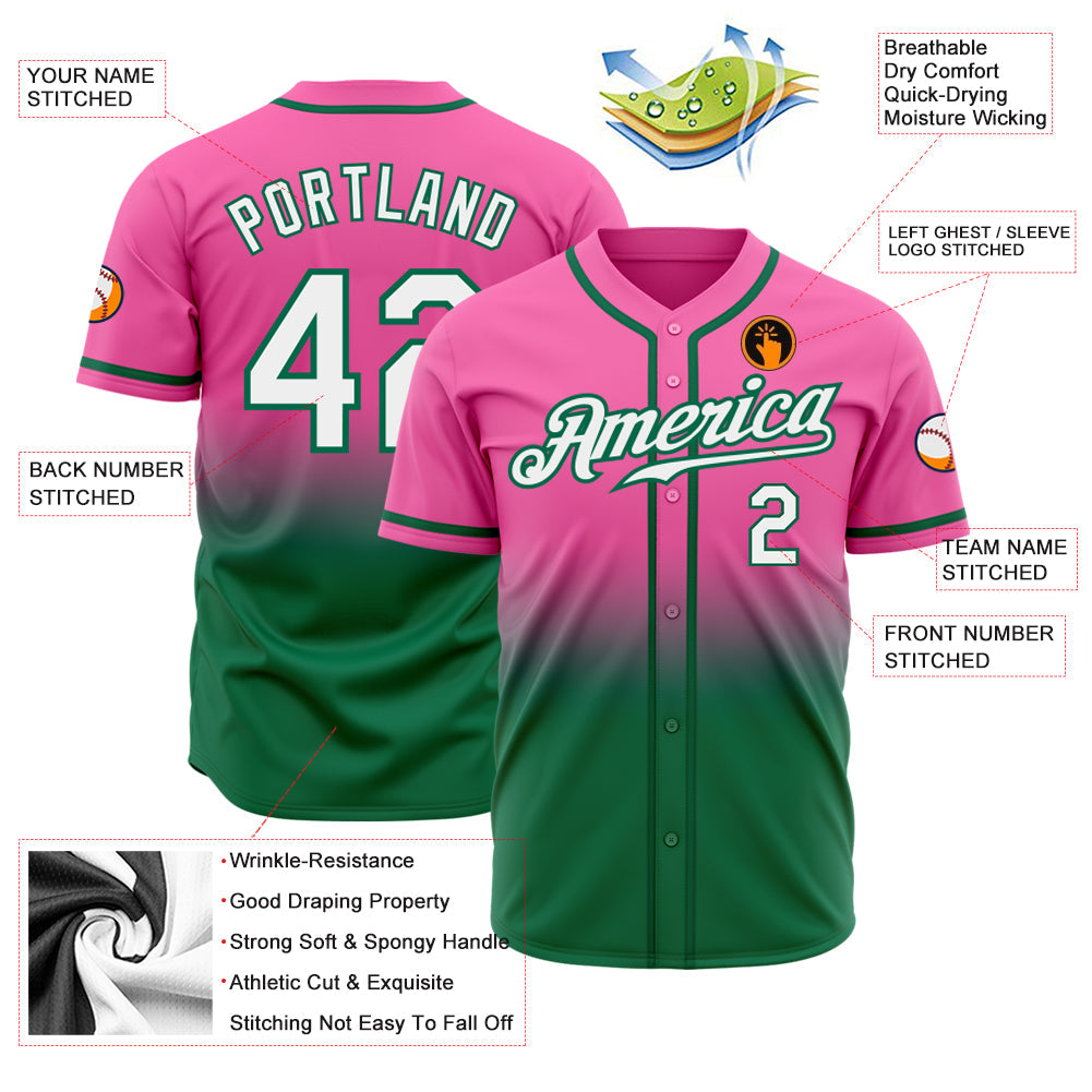 Custom Pink White-Kelly Green Authentic Fade Fashion Baseball Jersey view 2