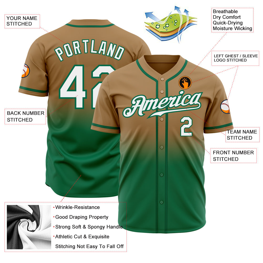 Custom Old Gold White-Kelly Green Authentic Fade Fashion Baseball Jersey view 3