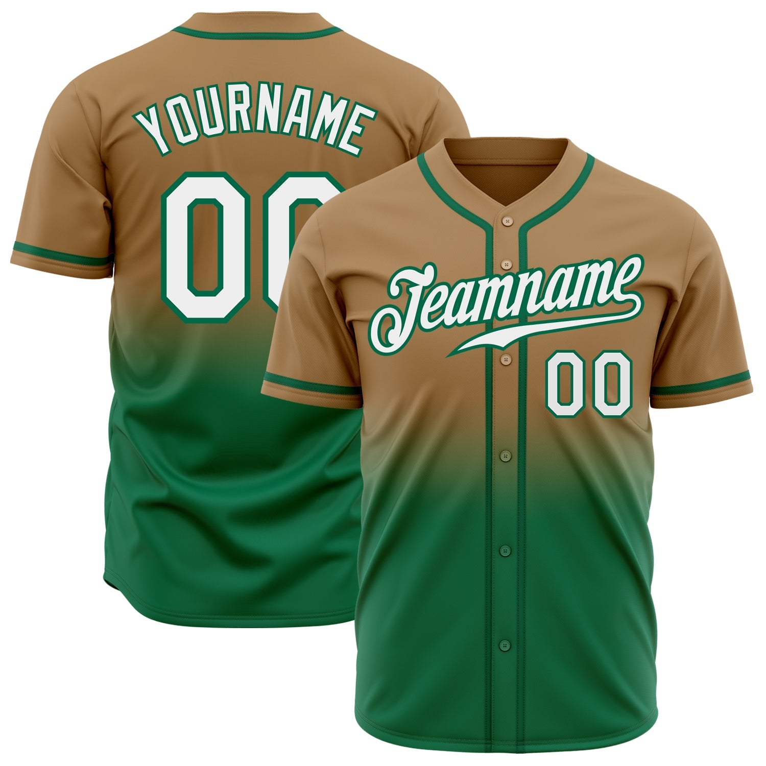 Custom Old Gold White-Kelly Green Authentic Fade Fashion Baseball Jersey - Main View