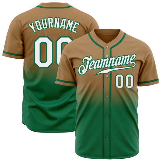 Custom Old Gold White-Kelly Green Authentic Fade Fashion Baseball Jersey - Main View