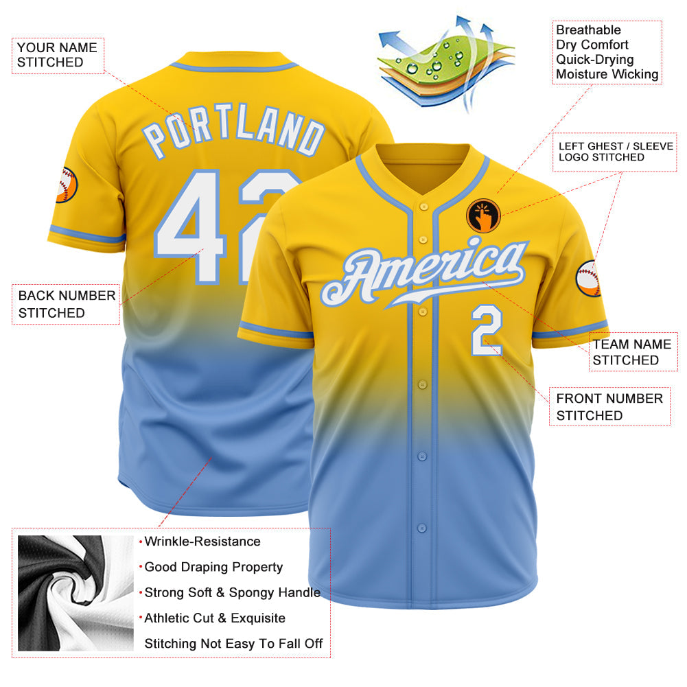 Custom Yellow White-Light Blue Authentic Fade Fashion Baseball Jersey view 2