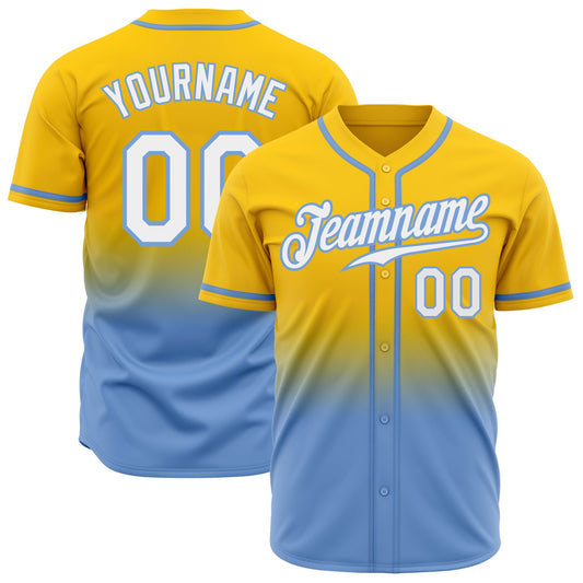 Custom Yellow White-Light Blue Authentic Fade Fashion Baseball Jersey - Main View