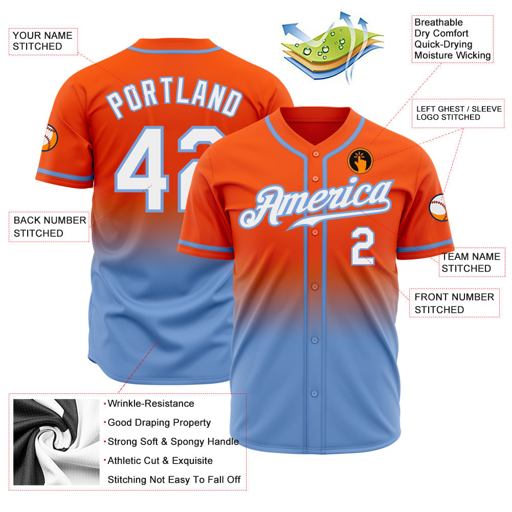 Custom Orange White-Light Blue Authentic Fade Fashion Baseball Jersey view 2