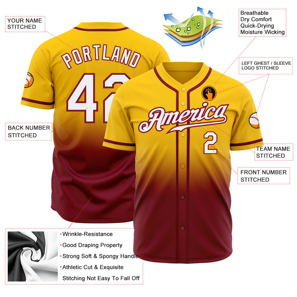 Custom Yellow White-Crimson Authentic Fade Fashion Baseball Jersey view 2