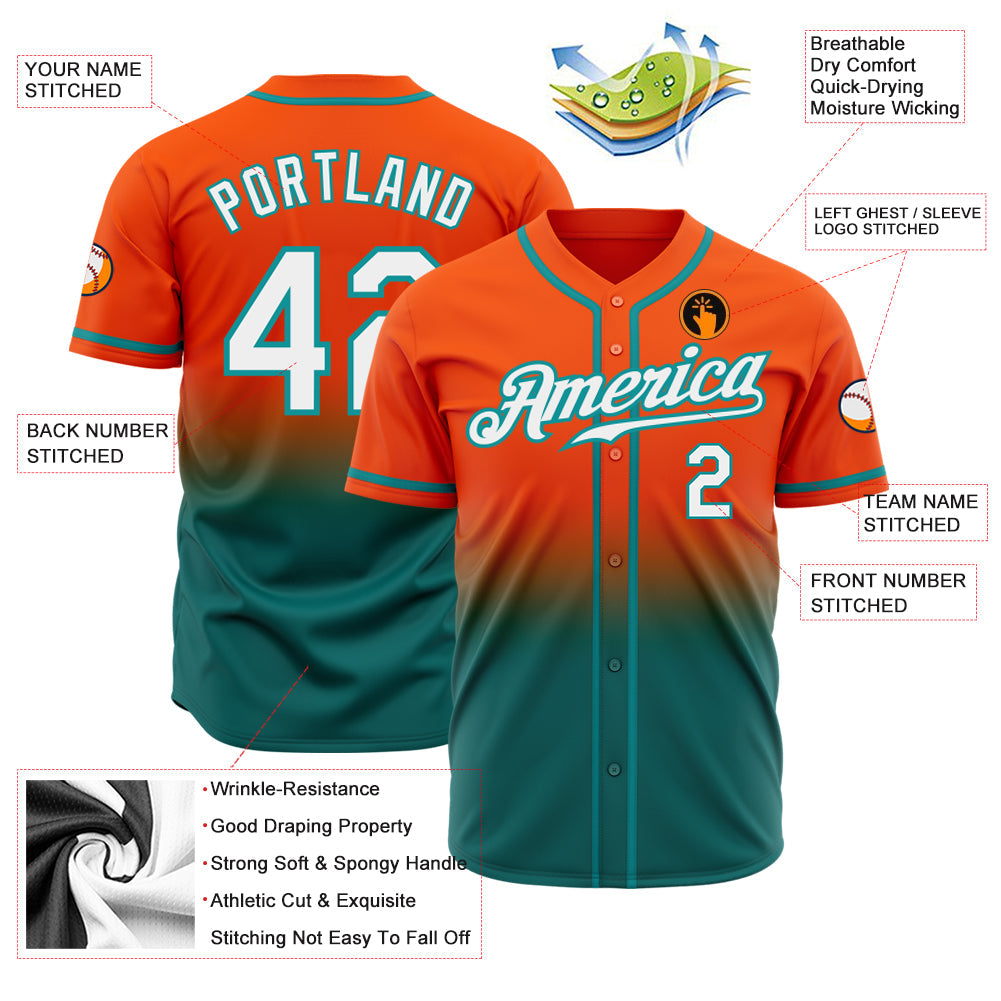 Custom Orange White-Teal Authentic Fade Fashion Baseball Jersey view 2
