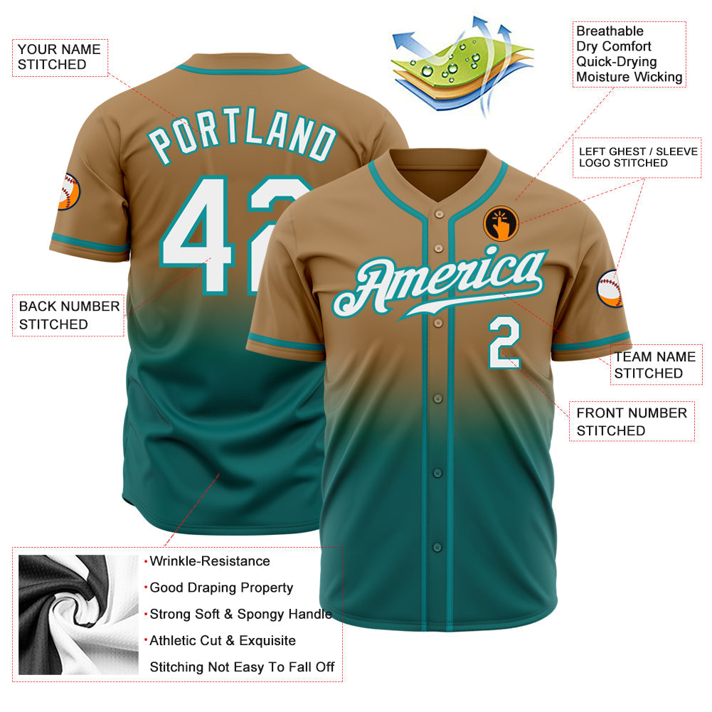 Custom Old Gold White-Teal Authentic Fade Fashion Baseball Jersey view 2