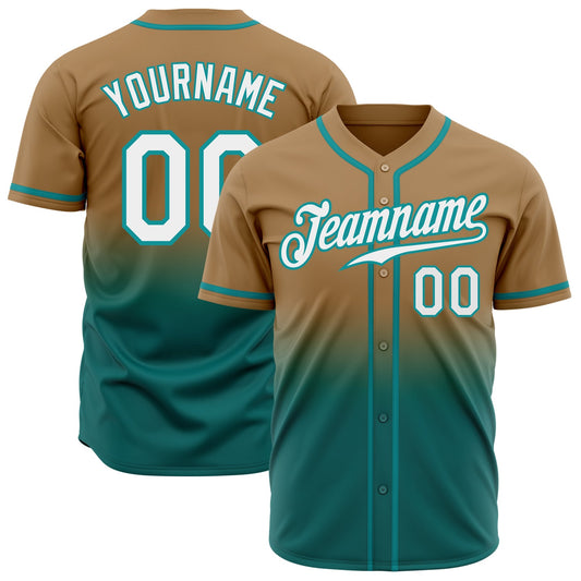 Custom Old Gold White-Teal Authentic Fade Fashion Baseball Jersey - Main View
