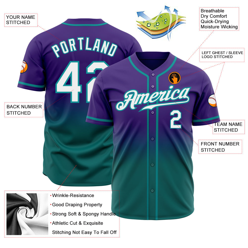 Custom Purple White-Teal Authentic Fade Fashion Baseball Jersey view 2