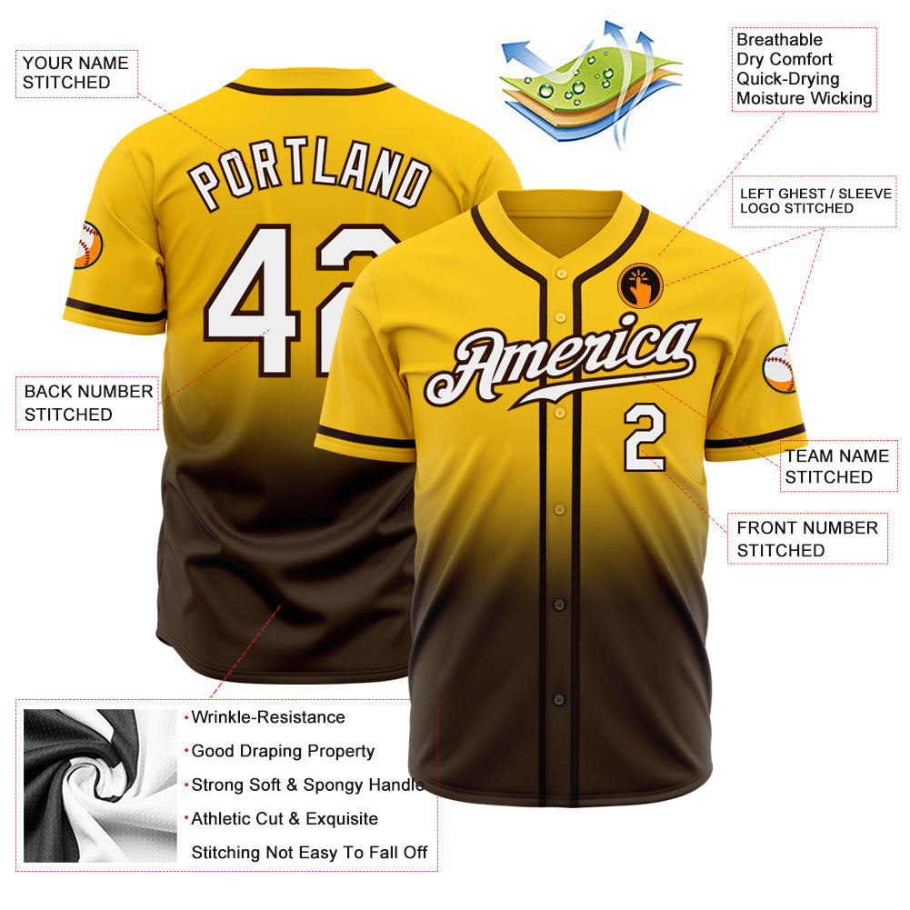 Custom Yellow White-Brown Authentic Fade Fashion Baseball Jersey view 2