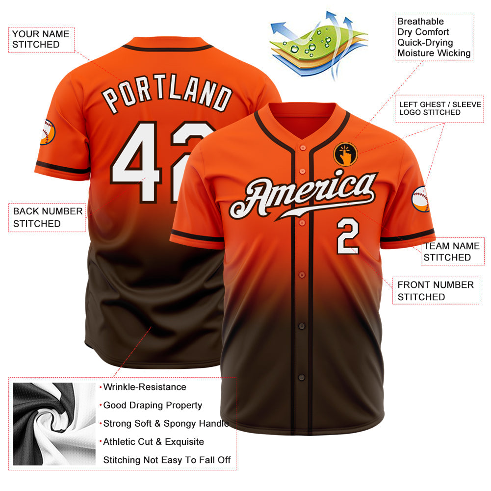 Custom Orange White-Brown Authentic Fade Fashion Baseball Jersey view 2