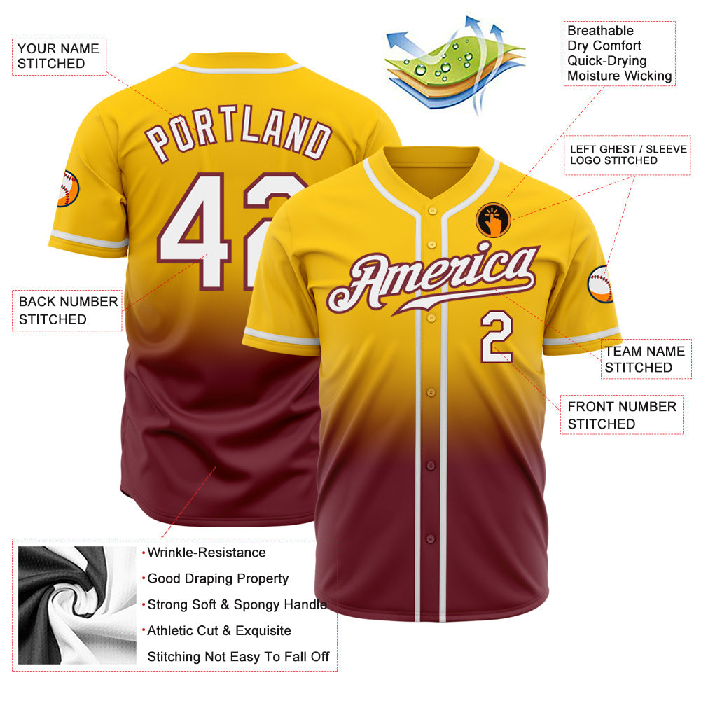 Custom Yellow White-Burgundy Authentic Fade Fashion Baseball Jersey view 2