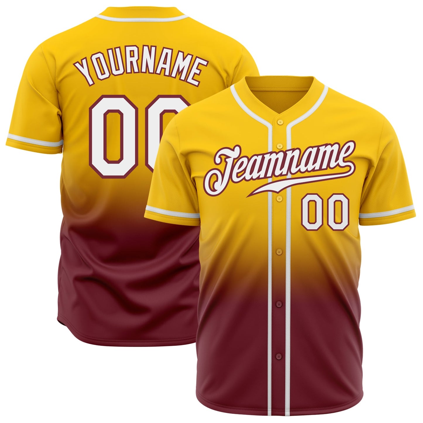 Custom Yellow White-Burgundy Authentic Fade Fashion Baseball Jersey - Main View